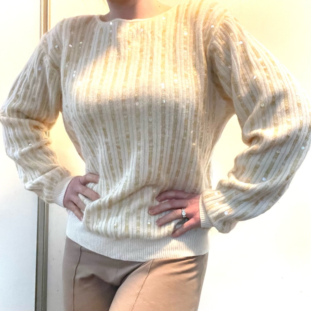 Evan Picone Vintage 80s Yellow Sequin Lambswool Angora Knit Sweater